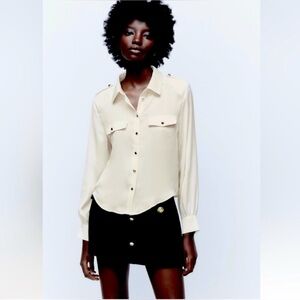 Zara Women’s Satin Effect Flap Shirt- Size: XS, Color: Ivory Cream (NWT)